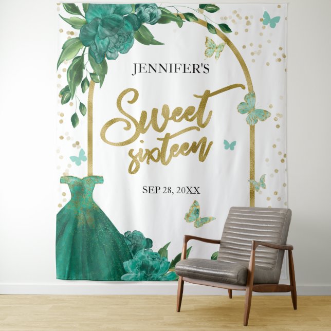 Tapiz Dulce 16 mariposas fondo de traje verde esmeralda (In situ)