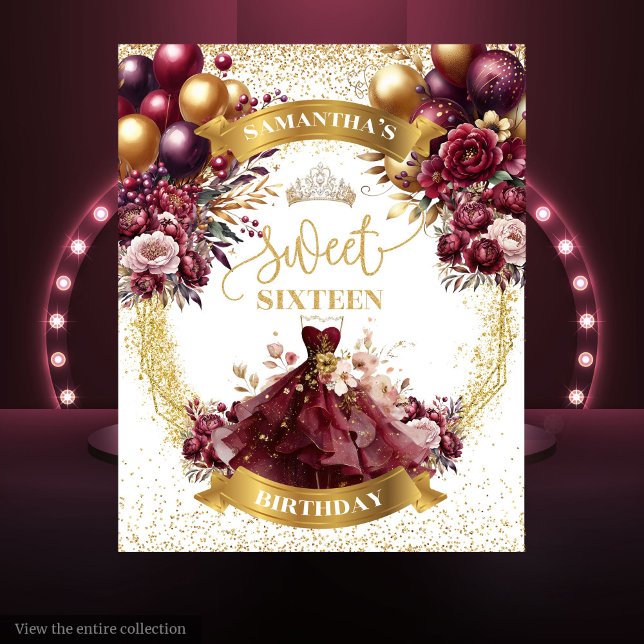 Tapiz Dulce Dieciséis Banner Burgundy Balloons Watercolo (Sweet Sixteen Banner Burgundy Balloons Watercolor Style)