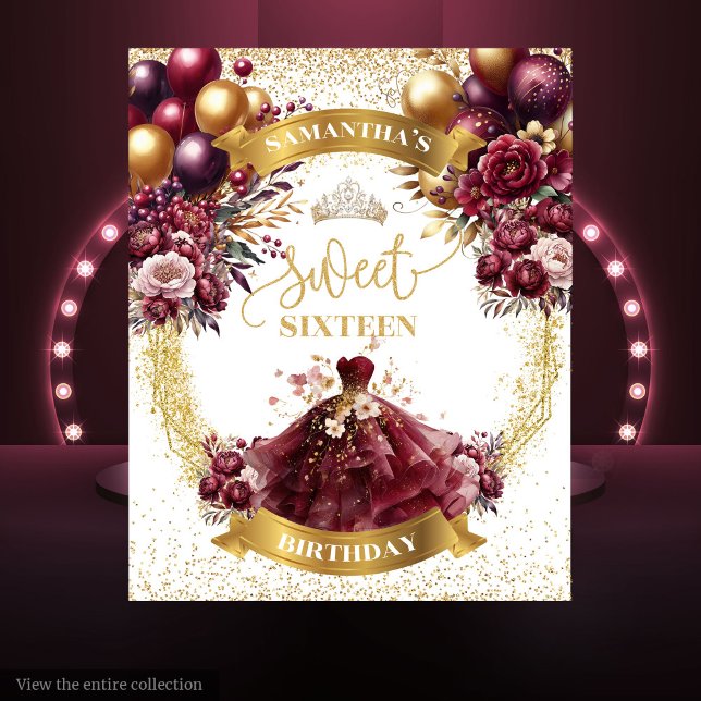 Tapiz Dulce Dieciséis fondo Bengala de oro de los globos (Sweet Sixteen Backdrop Burgundy Balloons Gold Sparkle)