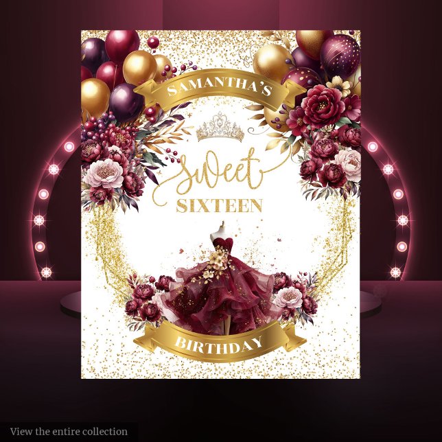 Tapiz Dulce Dieciséis pancartas Burgundy Flowers Purpuri (Sweet Sixteen Banner Burgundy Flowers Gold Glitter)