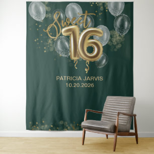 Tapiz Dulce dorado 16 globos de fondo verde esmeralda