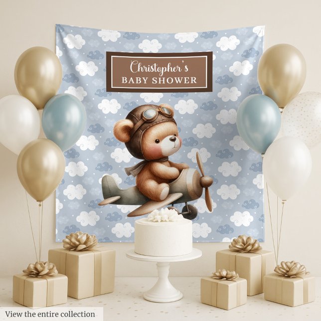 Tapiz Dulce fiesta de ducha de bebé piloto de osito de p (Sweet teddy bear pilot baby shower party backdrop)