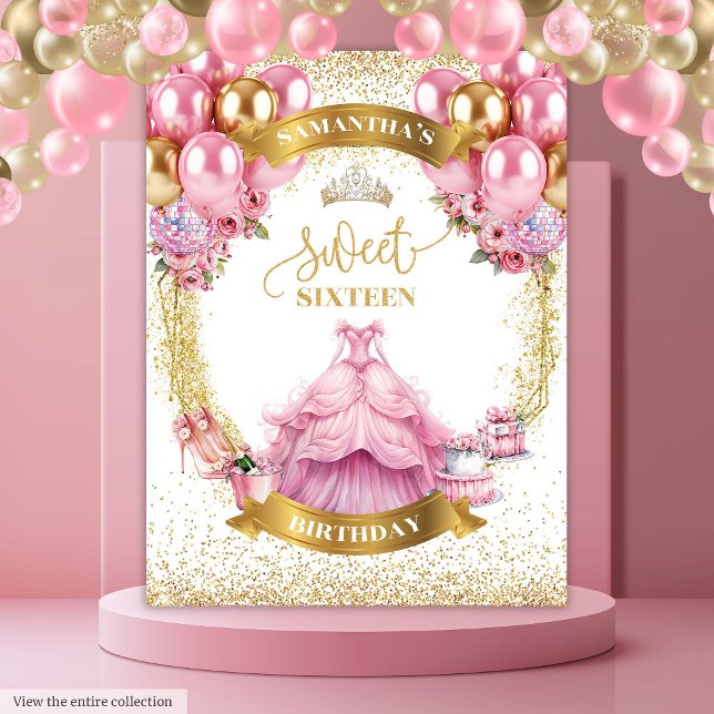 Tapiz Dulce Glamoroso Dieciséis Banner Espinillas De Oro (Glamorous Sweet Sixteen Banner Pink Gold Sparkles)