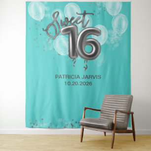 Tapiz Dulce plateado 16 Globos de Bday Verde azuladas Fi