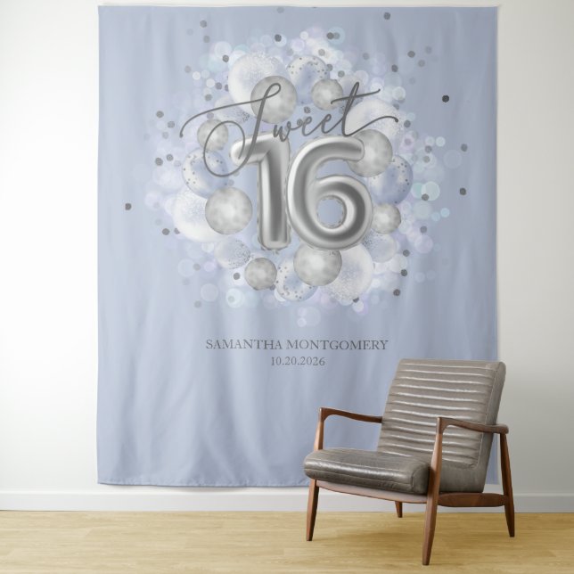 Tapiz Dulce plateado 16 Globos de cumpleaños Dusty fondo (In situ)