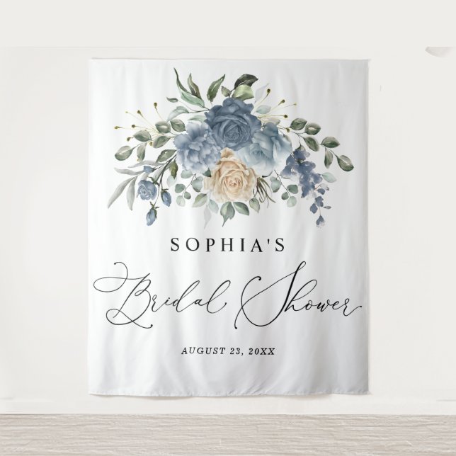 Tapiz Dusty Blue & Champagne Floral Bridal Shower  (Anverso)