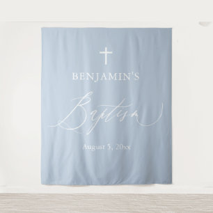 Tapiz Dusty Blue Cross White Boy Baptism Photo Backout