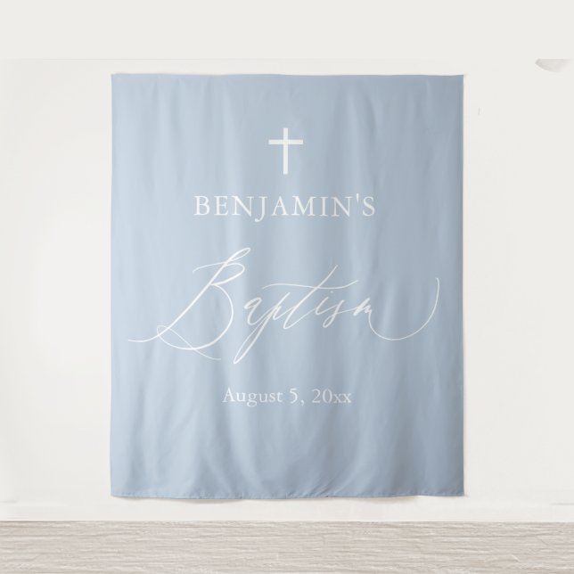 Tapiz Dusty Blue Cross White Boy Baptism Photo Backout (Anverso)