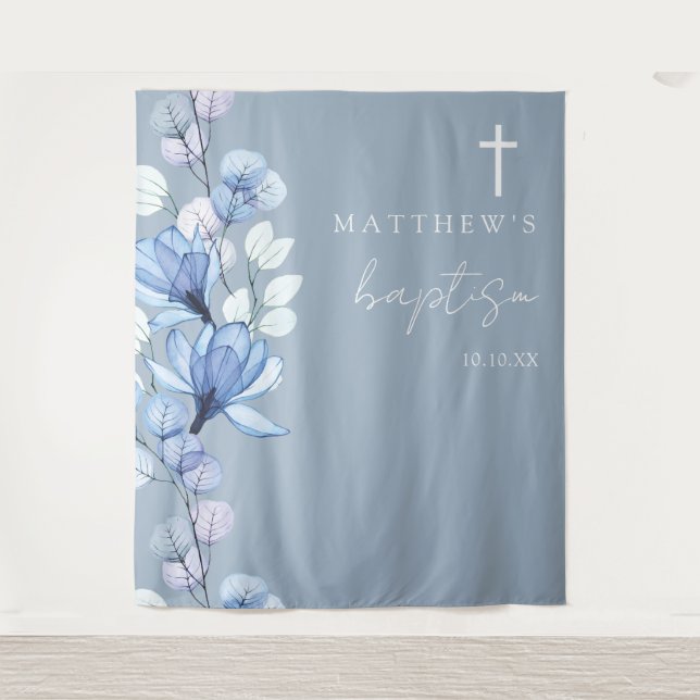 Tapiz Dusty Blue Elegant Floral Baptism Foto Fondo (Anverso)