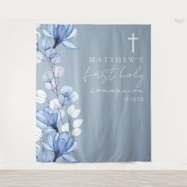 Tapiz Dusty Blue Floral Holy Communia Foto de fondo (Anverso)