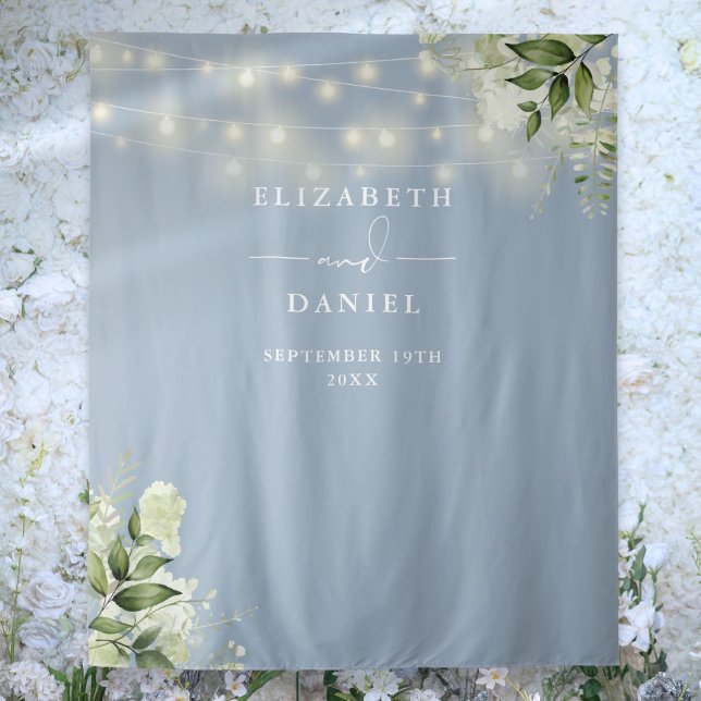 Tapiz Dusty Blue Floral Luces Boda Foto Fondo (Dusty Blue Floral Lights Wedding Photo Backdrop)