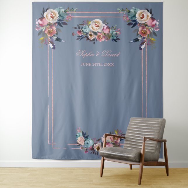 Tapiz Dusty Blue Pink Floral Rosa Gold Photo Booth (In situ)