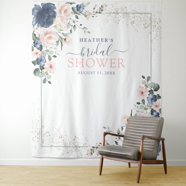 Tapiz Dusty Blue Rubor Pink Floral Shower Booth Photo Bo (In situ)