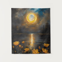 Eclipse solar pintando lago con flores