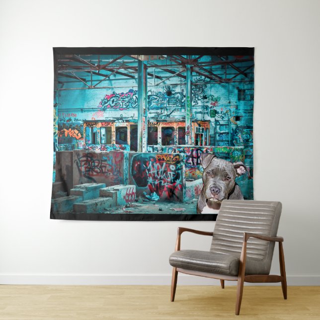 Tapiz Edificio abandonado PitBull del arte de la calle (In situ (horizontal))