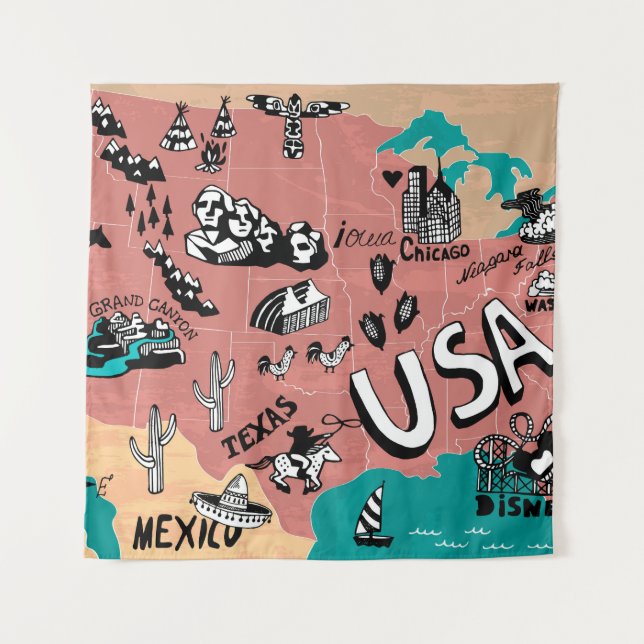 Tapiz EEUU Ilustrado: Colorido Viaje Mapa. (Anverso)