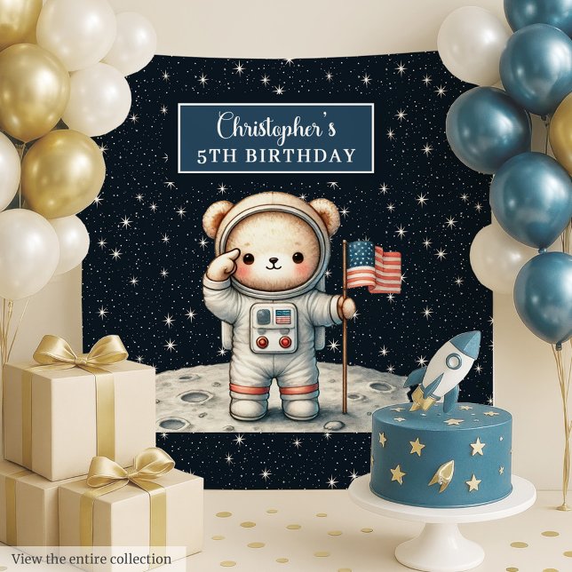 Tapiz El astronauta de Teddy como telón de fondo para el (Teddy Astronaut Backdrop for Little Boy’s Party)