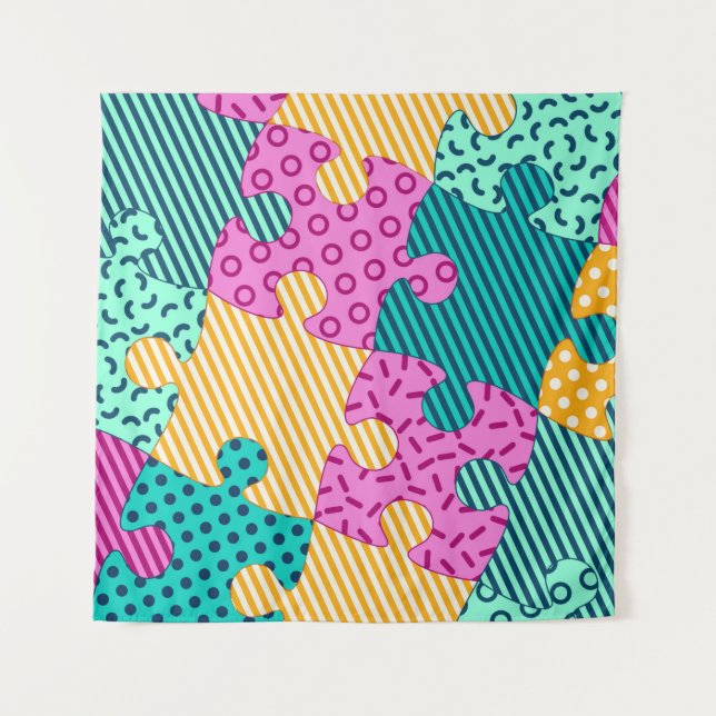 Tapiz El cartel con rompecabezas geométricos, Memphis ba (Anverso)