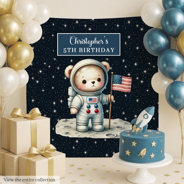 Tapiz El fondo personalizado de un niño Fiesta con oso e (Personalized Boy Party Backdrop with Space Bear)