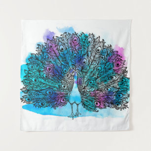 Tapiz El hermoso ave de Peacock dibujado a mano consiste