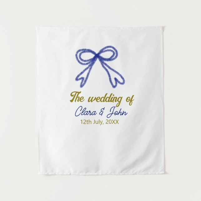 Tapiz El nombre de la pareja boda de oro azul marino (Anverso)