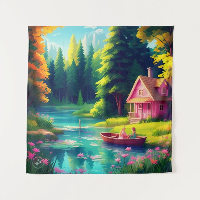Tapiz El paisaje natural con la cabaña rosa (Anverso)