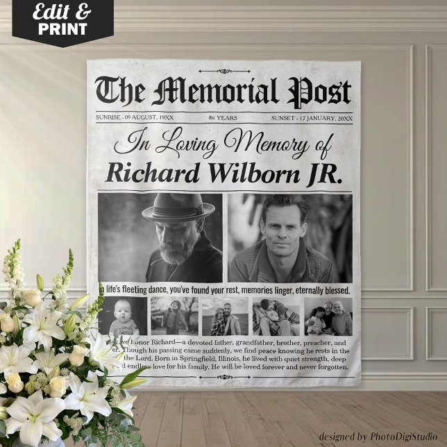 Tapiz El telón de fondo de un diario personalizado Memor (Custom Memorial Newspaper Backdrop with Photos)
