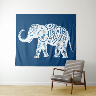 Tapiz Elefante Azul con Patrón Ornamentado