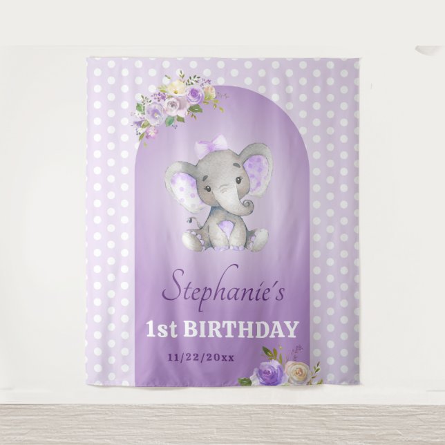 Tapiz Elefante Chica Purple Lavender Primer cumpleaños (Anverso)