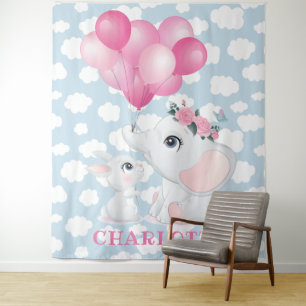 Tapiz Elefante Femenino y Conejo con Flores y Globo