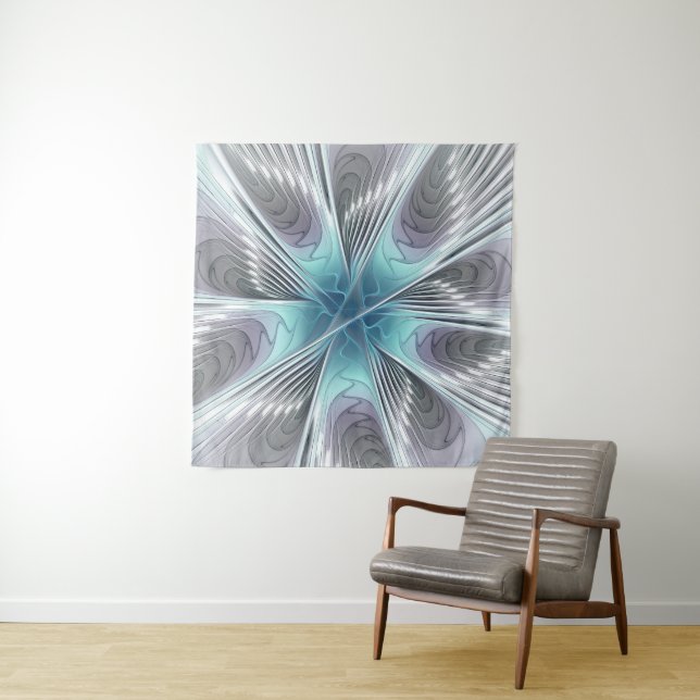 Tapiz Elegancia Flor de Arte Fractal Blanco Gris Azul (In situ)