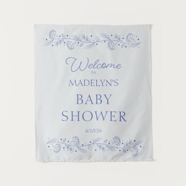 Tapiz Elegant Blue Floral Vines Baby Shower Welcome Sign (Anverso)