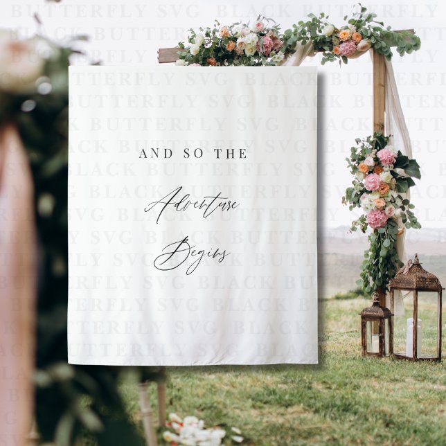 Tapiz Elegant Calligraphy “And So The Adventure Begins”  (and so the adventure begins wedding photo backdrop banner )