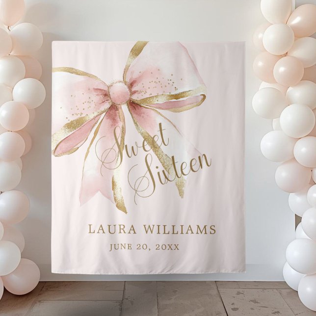 Tapiz Elegant Pink & Gold Coquette Sweet 16th Backdrop (Pink and Gold Coquette pink Sweet sixteen birthday backdrop banner)