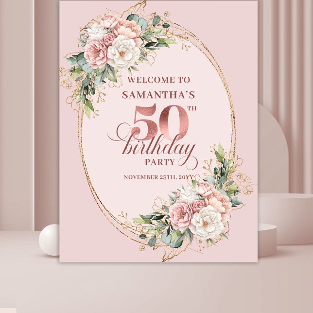Tapiz Elegant Rose Gold Blush Floral 50th Birthday   (Rose gold floral 50th birthday,
dusty pink blush gold glitter,
opulent Soft pastel   pink flowers, 
)