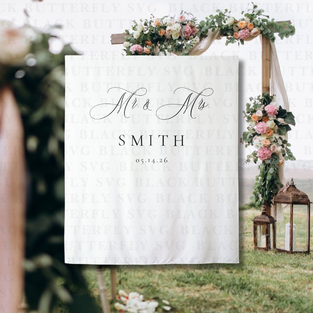 Tapiz Elegant Script Minimalist Wedding Photo Backdrop  (Mr. & Mrs. Wedding Photo Backdrop Banner )