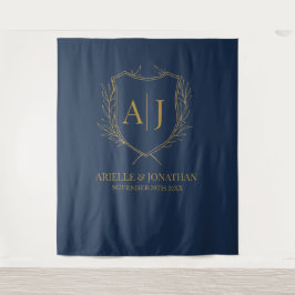 Tapiz Elegant Shield monogram wedding blue gold backdrop