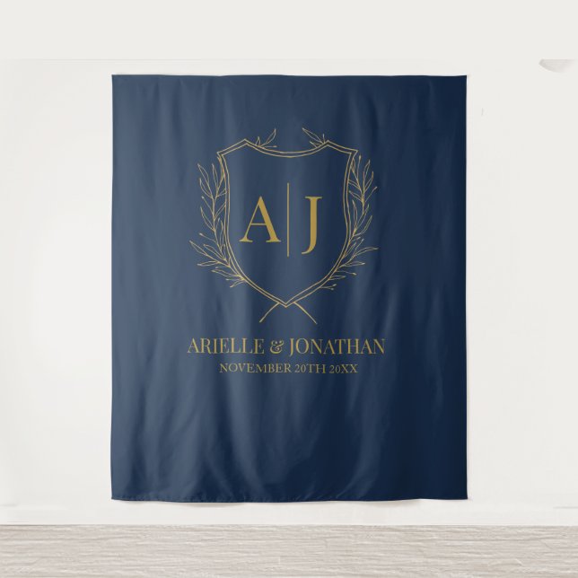 Tapiz Elegant Shield monogram wedding blue gold backdrop (Anverso)