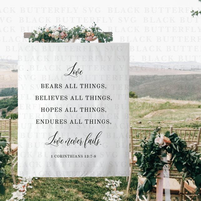 Tapiz Elegant Wedding Quote Backdrop Banner  (Love Never Fails Wedding Backdrop Banner)
