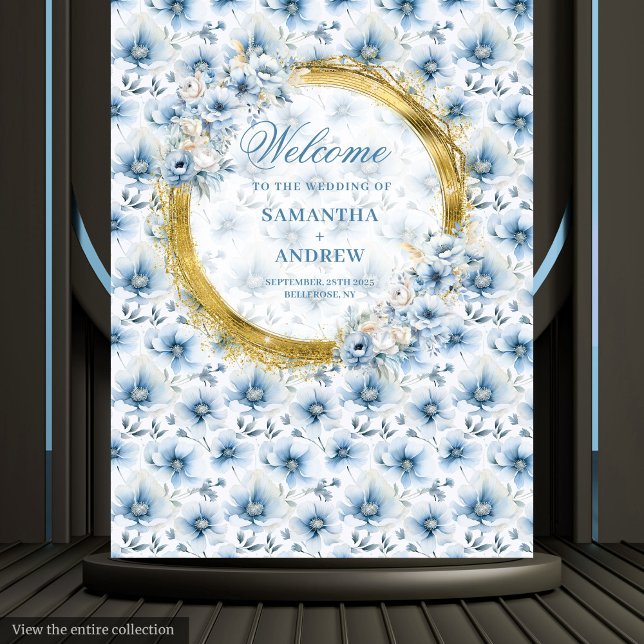 Tapiz Elegante acuarela Polvoriento Banner Boda dorado a (Elegant Watercolor Dusty Blue Gold Wedding Banner Tapestry )