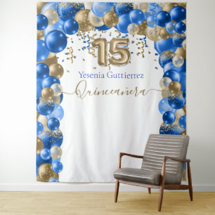 Tapiz Elegante Arco de Globos Azul Real y Dorado Quincea