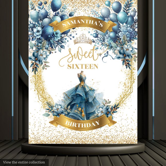 Tapiz Elegante azul § Dulce de oro 16 cumpleaños (Elegant Blue § Gold Dress Sweet 16 Birthday Tapestry)