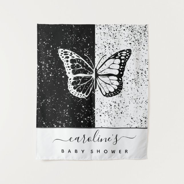 Tapiz Elegante Baby Shower de mariposa blanca y negra pu (Anverso)