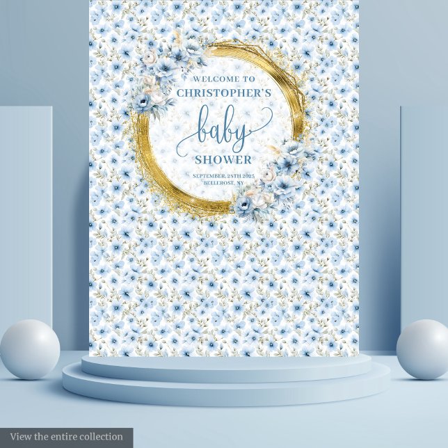 Tapiz Elegante Banner de Baby Shower con flores de oro a (Elegant Pastel Blue Gold Floral Baby Shower Banner Tapestry )