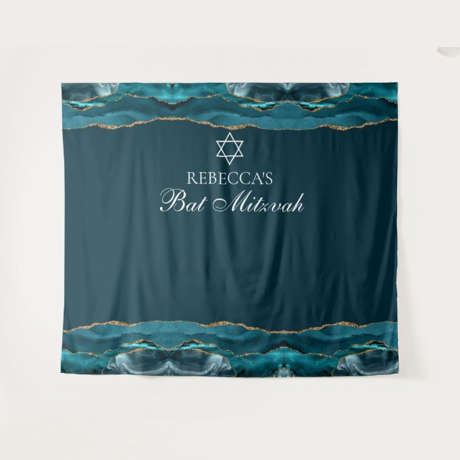 Tapiz Elegante Bat Mitzvah Fiesta Verde azulado de Oro (Anverso (horizontal))