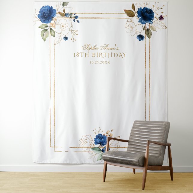 Tapiz Elegante Blue Floral Gold 18th Birthday Photo Prop (In situ)