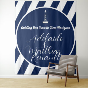Tapiz Elegante Boda a rayas náuticas - Azul marino, blan