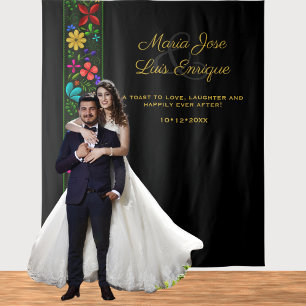 Tapiz Elegante Boda floral folclórico latino de oro negr
