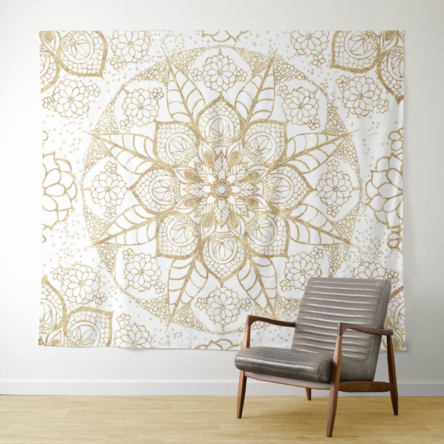 Tapiz Elegante Boho White Gold Mandala Floral (In situ (horizontal))