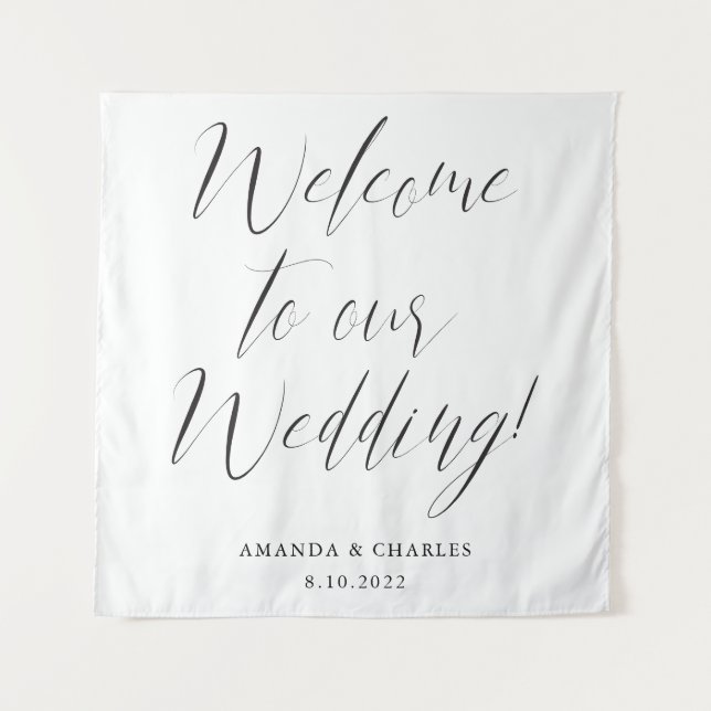 Tapiz Elegante caligrafía Boda blanco negro bienvenida (Anverso)